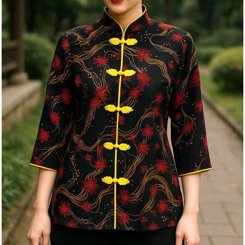 Member High Fashion XL 80s Vintage Blouse Cheongsam-Inspired Long Sleeve Top